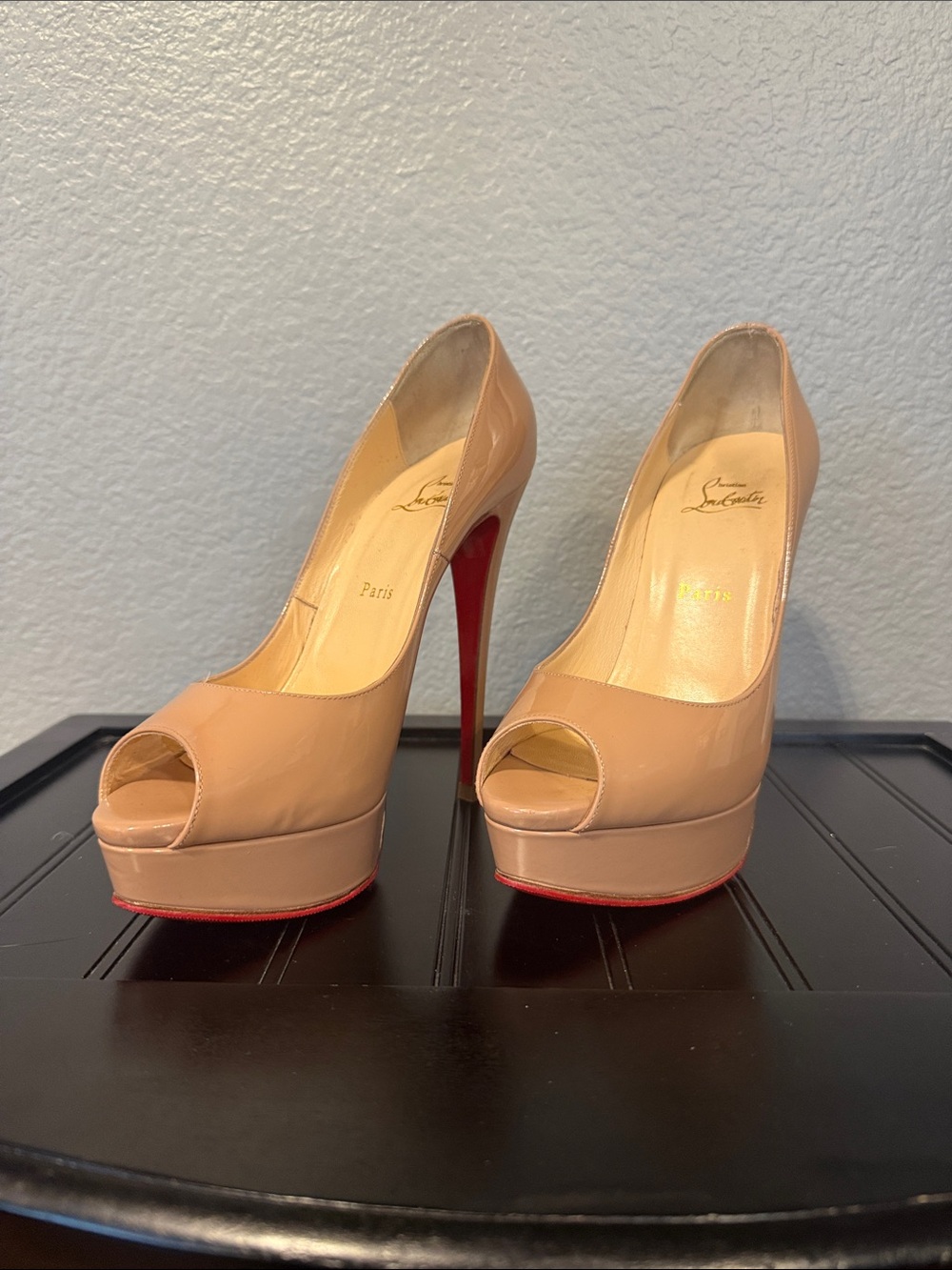 Christian Louboutin Nude Patent Leather Peep-Toe Platform Pumps with Red Sole